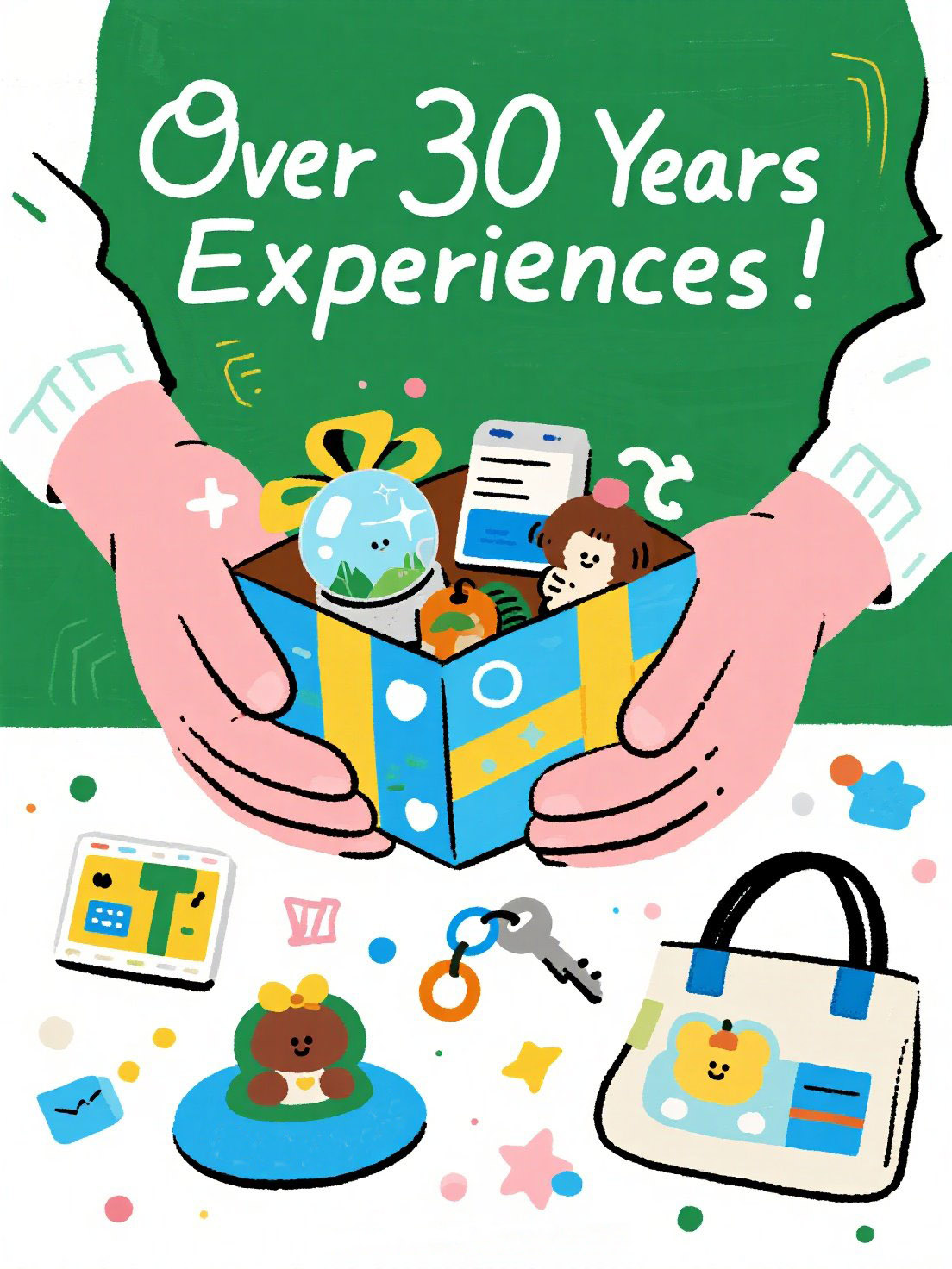 jimeng 2025 07 25 2584 画一个订制礼品的插画，上面写“over 30 years experiences...