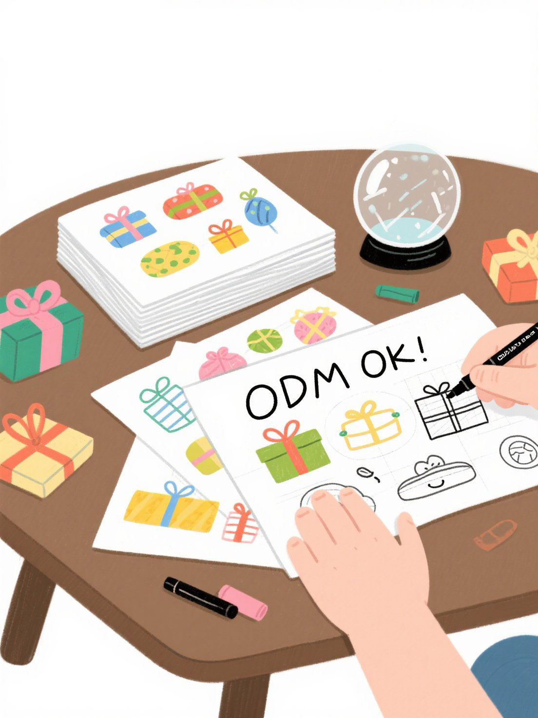 jimeng 2025 07 25 2843 画一个订制礼品的插画，上面写“odm ok！”，平铺，设计师在画图，水晶球，礼物...