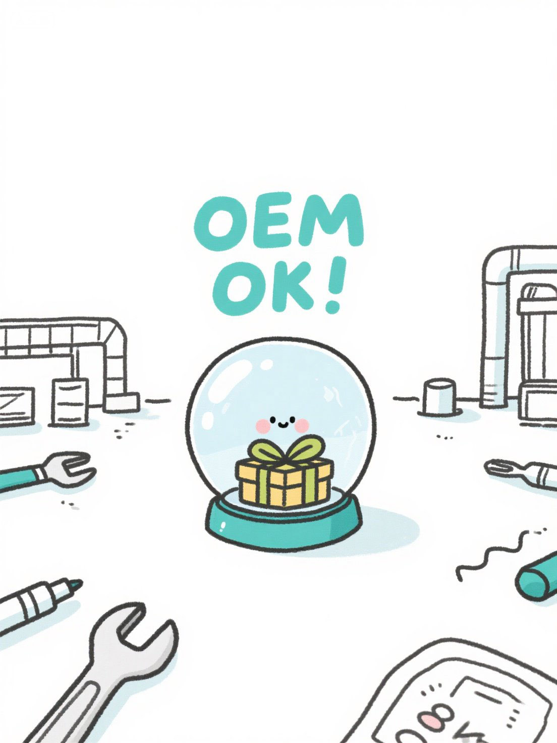 jimeng 2025 07 25 3985 画一个订制礼品的插画，上面写“oem ok！”，平铺，工厂，水晶球，礼物，简笔画...