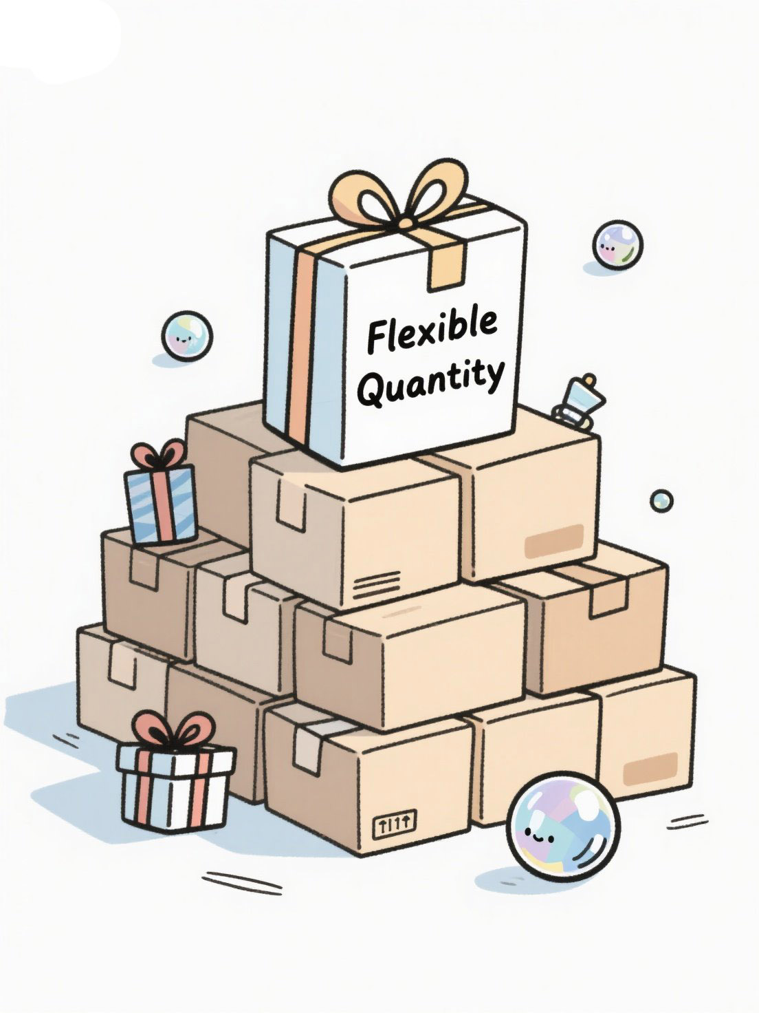 jimeng 2025 07 25 9855 画一个订制礼品的插画，上面写“flexible quantity”，平铺，货物一...